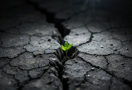 A tiny green sprout emerges from a cracked and dry earth surface, symbolizing resilience and hope in nature. This powerful image evokes themes of survival and renewal.の素材
