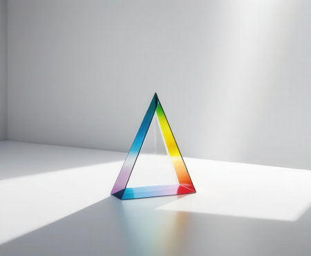 A stunning rainbow prism triangle sculpture captures light beautifully, casting colorful reflections and shadows on a pristine surface, perfect for artistic inspiration.の素材