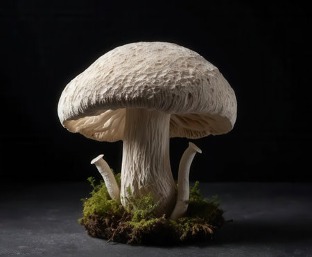 A fresh white mushroom stands elegantly on a dark surface, complemented by green moss. This image highlights the natural beauty and texture, perfect for food and nature themes.の素材