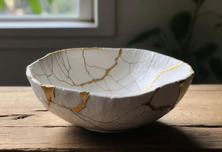 A stunning white ceramic bowl with striking gold accents and delicate cracks. Perfect for unique home dの素材