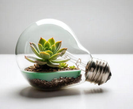 Unique terrarium featuring a succulent plant housed in a light bulb, creating a striking blend of nature and modern design for eco-friendly home decor.の素材