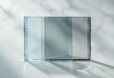 A set of glass boxes arranged to create a minimalist aesthetic, casting soft shadows on a white surface. Perfect for design and artistic concepts.の素材