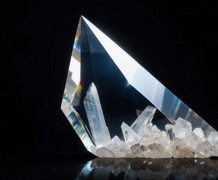This captivating image features a clear crystal prism reflecting light beautifully against a black background, highlighting its intricate facets and textures.の素材