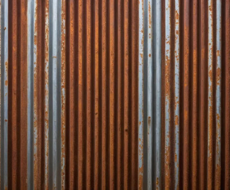 This image features a close-up of a rusty metal wall, showcasing a series of vertical stripes. The weathered surface exhibits rich textures and colors, perfect for various design projects.の素材