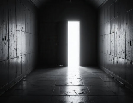 A dark hallway leads to an open door, casting bright light that contrasts with the surrounding shadows. This scene captures themes of mystery and isolation.の素材