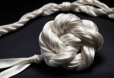 A close-up view of an elegant white satin knot resting on a dark background. This versatile image is perfect for art projects, design inspiration, and decoration ideas.の素材