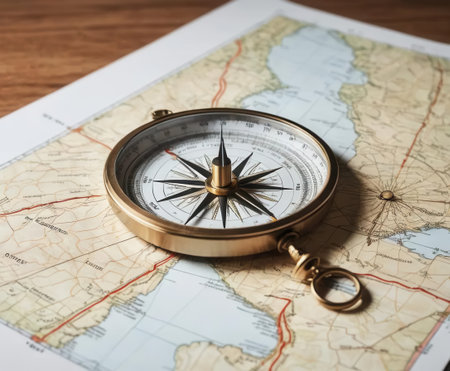 A vintage compass rests on a detailed map, showcasing the intersection of exploration and adventure. Perfect for travel-themed projects.の素材