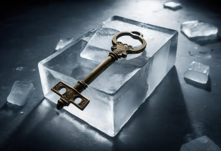 This captivating image features a vintage key resting on a transparent ice block, illuminated by dramatic lighting that highlights its elegance and mystery.の素材