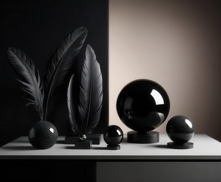 A striking display of black decorative elements, including glossy spheres and elegant feathers, showcasing minimalist design and modern aesthetic.の素材