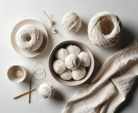 This image features a serene flatlay of white yarn, natural textiles, and crafting tools, perfect for inspiring creative projects and cozy atmospheres.の素材