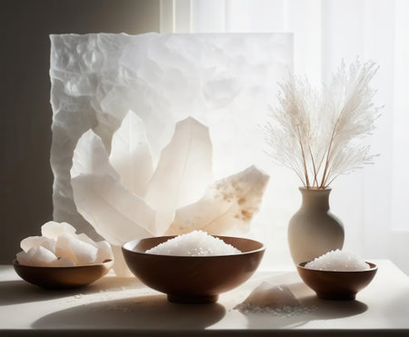 A serene composition featuring elegant bowls filled with natural elements against a soft backdrop, highlighting textures and gentle light for a calming atmosphere.の素材