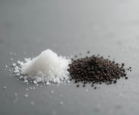 A striking image showcasing granulated white salt and black pepper on a soft gray surface, highlighting their textures and contrast, ideal for culinary themes.の素材