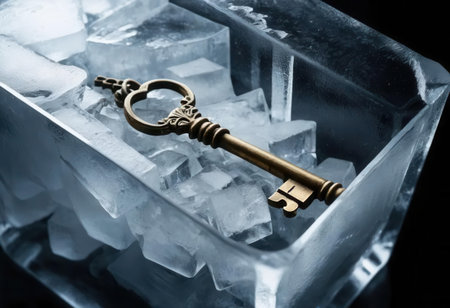 A vintage key rests elegantly on ice within a crystal clear block, highlighting the contrast between warmth and cold, evoking mystery and nostalgia in a compelling still life setup.の素材