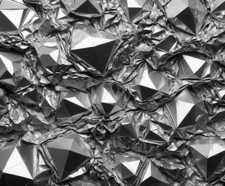 This image features shiny geometric shapes resting on a crinkled metallic silver background, creating a modern and elegant abstract composition ideal for various design applications.の素材