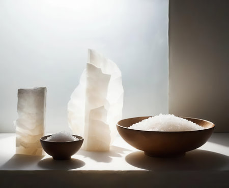 A serene and minimalist composition featuring natural salt crystals displayed in wooden bowls, highlighting their elegant textures and pure beauty.の素材