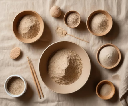 This image showcases an assortment of natural powders arranged elegantly in various bowls atop a soft fabric surface, perfect for culinary or artistic projects.の素材
