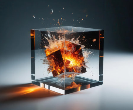 A mesmerizing cube sculpture captures an explosive energy within a crystal clear design, showcasing vibrant colors and striking reflections that evoke creativity.の素材
