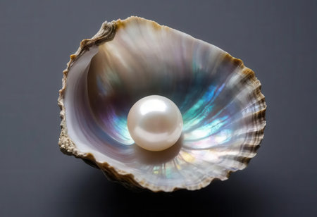 A stunning pearl nestled within an iridescent shell, showcasing vibrant colors against a black background. This image captures natural beauty and elegance.の素材