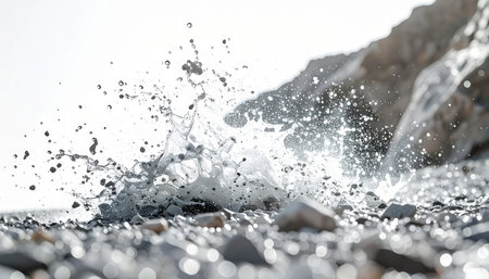 Ocean Splash on Pebbles, Mountain terrain gravel splash against clinical.の素材