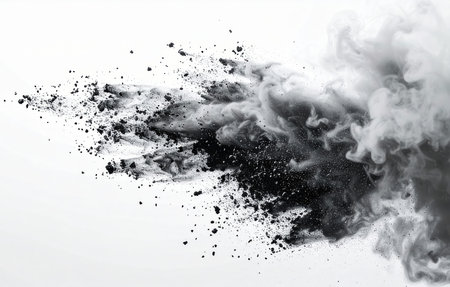 Dynamic Black Smoke Burst, Volcanic ash particles suspended against sterile.の素材