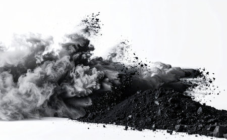 Black Smoke and Dust Burst, Coal dust spreading in perfect formation, photography.の素材