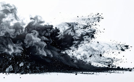 Dramatic Black Smoke Burst, Coal dust spreading in perfect formation, photography.の素材