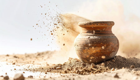 Earthy Clay Pot in Dust, Ancient pottery dust scattering in archaeological dig.の素材
