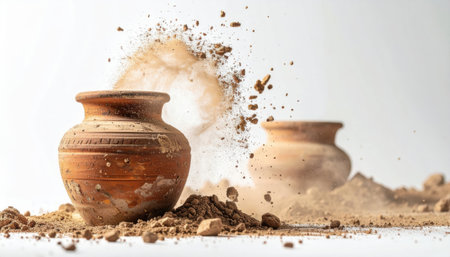 Dynamic Clay Pot Explosion, Ancient pottery dust scattering in archaeological dig.の素材