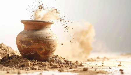 Ancient Clay Pot Dust, Ancient pottery dust scattering in archaeological dig.の素材