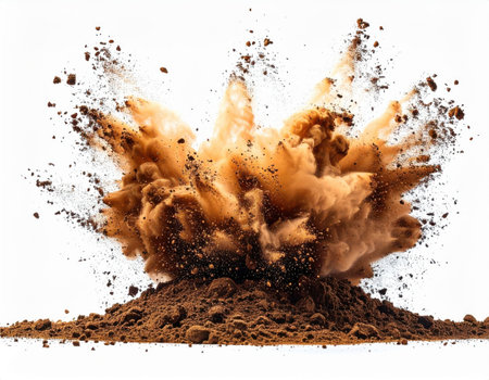 A dramatic explosion of dust and debris creates a vivid cloud against a white background, showcasing the power of nature in an impactful moment.の素材