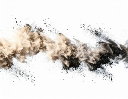 Dynamic Colorful Dust Flow, Building material dust splatter in precise formation, architectural visualization.の素材