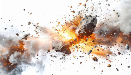 Dramatic image of an explosion capturing the moment of rock fragmentation with flying debris, smoke, and fiery effects illustrating intense energy release.の素材