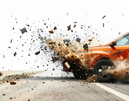 A dramatic car crash captures the intense moment of impact as debris flies in the air. The photo illustrates the raw power and danger of vehicle collisions.の素材