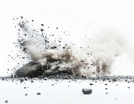 Explosion of Dust and Debris, Gravel spray from high-impact collision, dynamic capture.の素材