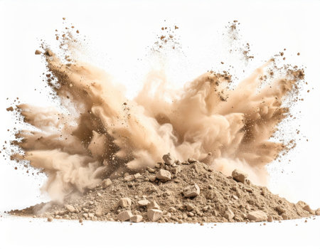Dust Explosion in Action, Building material dust splatter in precise formation, architectural visualization.の素材