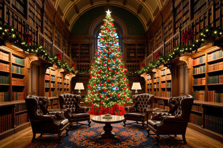 A cozy library setting adorned with a beautifully decorated Christmas tree. The scene features stylish armchairs, a warm ambiance, and shelves filled with books, creating a serene holiday atmosphere.の素材