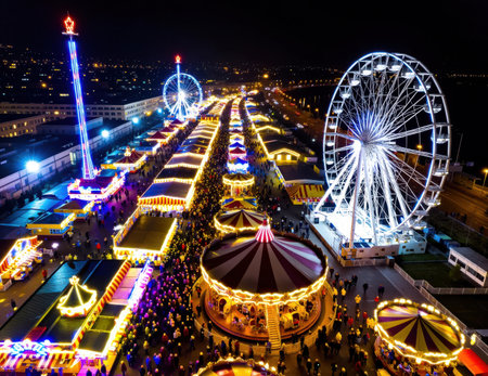 A stunning aerial view of a night carnival filled with vibrant lights and various rides, showcasing the lively atmosphere and excitement of festivities for all ages.の素材