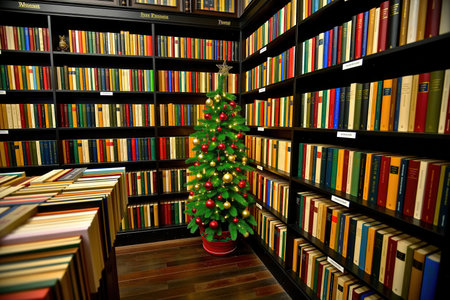 A cozy library interior featuring colorful bookshelves and a beautifully decorated Christmas tree. The scene evokes warmth and a festive spirit perfect for holiday reading.の素材