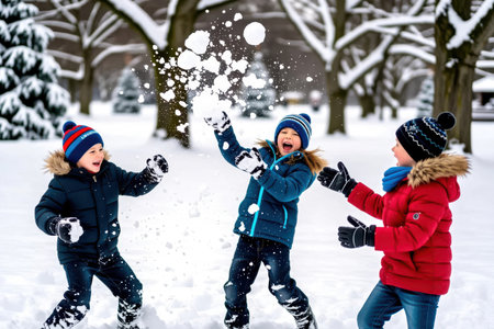 Three children joyfully play in a snowy landscape, tossing snowballs and laughing together. The scene captures the essence of winter fun and outdoor adventure.の素材
