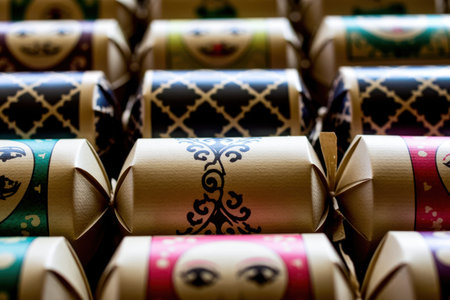 A close-up view of colorful party crackers featuring various decorative patterns, perfect for adding a festive touch to any celebration or holiday gathering.の素材