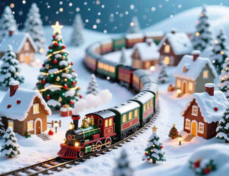 This enchanting winter scene features a colorful train traveling through a snowy village, surrounded by charming houses and beautifully decorated Christmas trees, evoking a festive holiday spirit.の素材