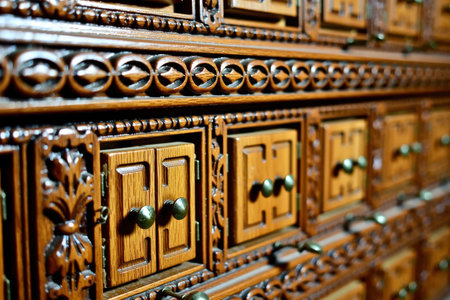 Close-up of an ornate wooden cabinet featuring intricately designed drawers, showcasing fine craftsmanship and rich textures that enhance any interior decor.の素材