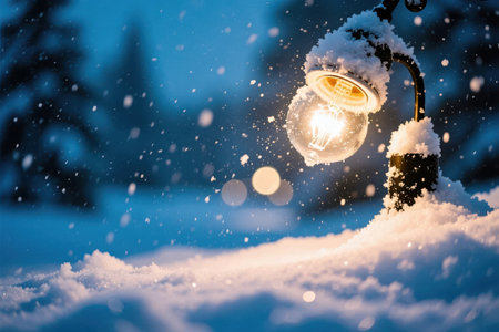 A glowing lamp stands amidst fresh snow, casting a warm light in a tranquil winter landscape. The serene scene evokes feelings of peace and beauty.の素材