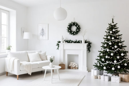 Bright and cozy living room decorated for Christmas featuring a beautifully adorned tree, elegant wreath, and wrapped presents, creating a festive atmosphere.の素材