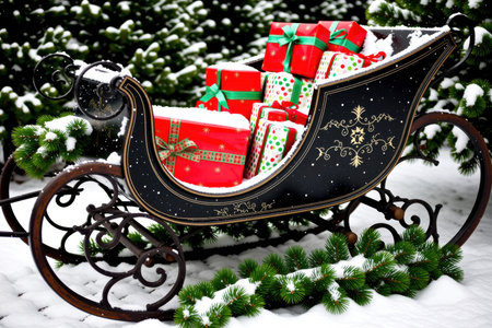 A beautifully designed sleigh filled with colorful wrapped gifts rests in a snowy landscape, surrounded by evergreen trees. Perfect for holiday themes.の素材