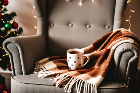 A cozy armchair draped with a warm blanket holds a white mug filled with coffee, creating an inviting atmosphere for winter relaxation during the holidays.の素材