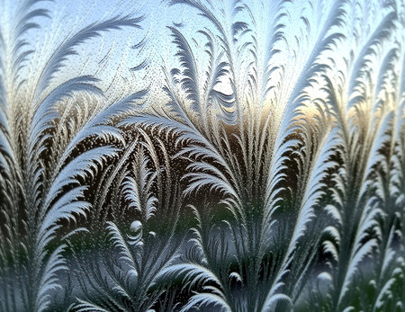 Captivating closeup of frosted window glass displaying intricate ice patterns. Early morning light enhances natural beauty and delicate textures.の素材