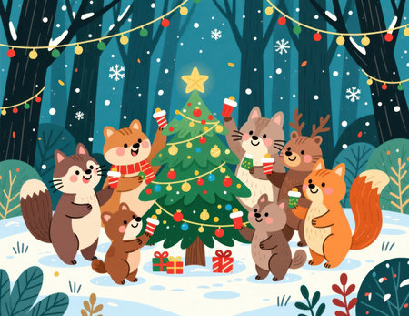 A delightful illustration of cartoon animals joyfully celebrating Christmas in a snowy forest. They gather around a decorated tree, embodying festive spirit and friendship.の素材