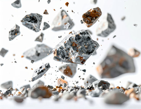 Coarse gravel fragments suspended in midair, Rocks in Dynamic Motionの素材