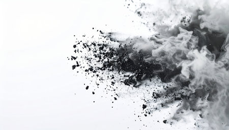Black Smoke Explosion Effect, Volcanic ash particles suspended against sterile.の素材